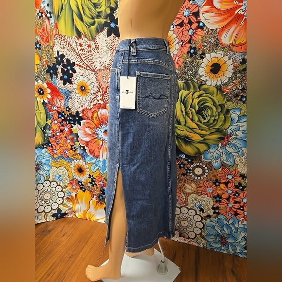7 For All Mankind Size 24 Or 25 Whiskered Midi Blue Denim Skirt With Side Slits - Picture 5 of 14